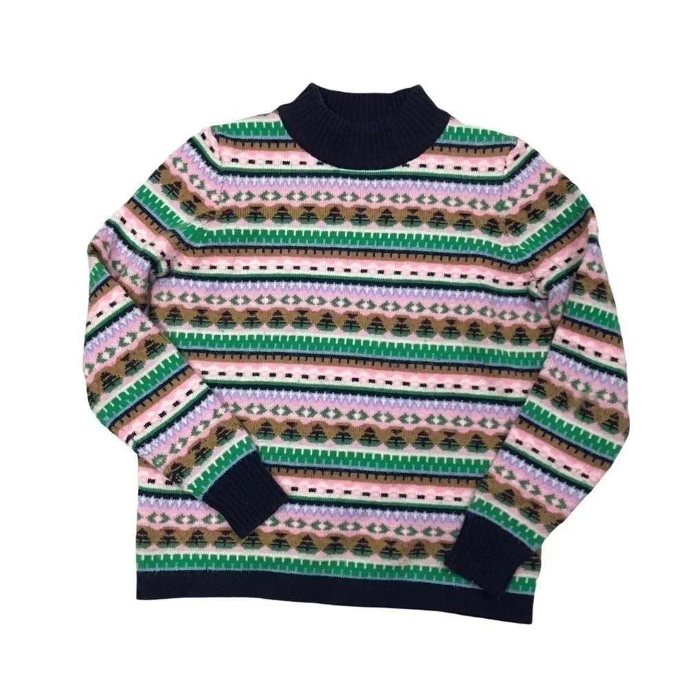 J Crew Mock Neck Fair Isle Green Pink Navy Blue Knit Pullover Sweater Small.